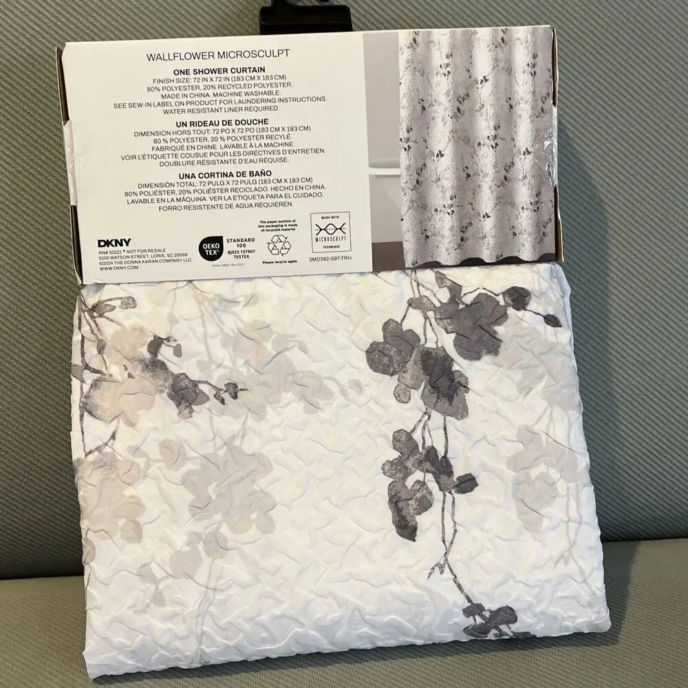 DKNY Wallflower Microsculpt Fabric Shower Curtain Floral Shades Of Gray New